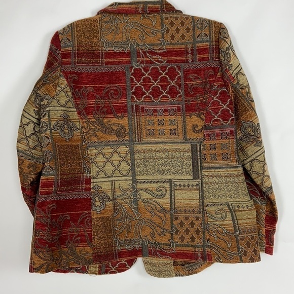 CJ Banks Tapestry Full Zip Burgundy Red Orange Brown Cream Floral Swirl Blazer - Picture 2 of 16